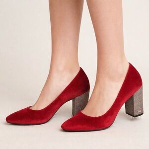 COLE HAAN Red Velvet Pumps Glitter Block Heels Women 10 Cocktail Wedding Evening